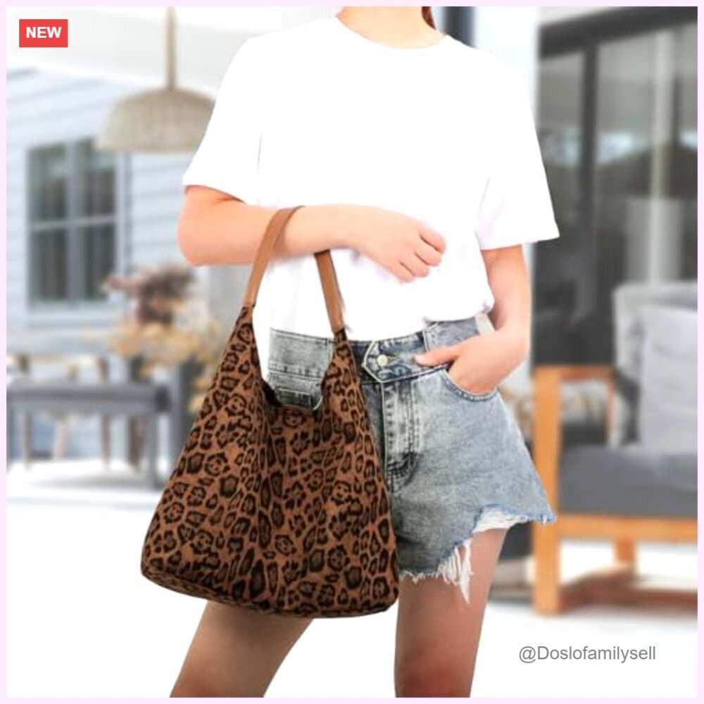 Faux Suede Leopard Print Tote Bag Large Capacity Vintage Hobo Handbag - Picture 2 of 7
